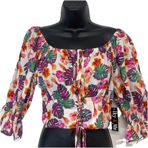 Iky & Me Babydoll Crop Lace Up Top Woman Large Floral Pull Sleeve Coquette Fairy